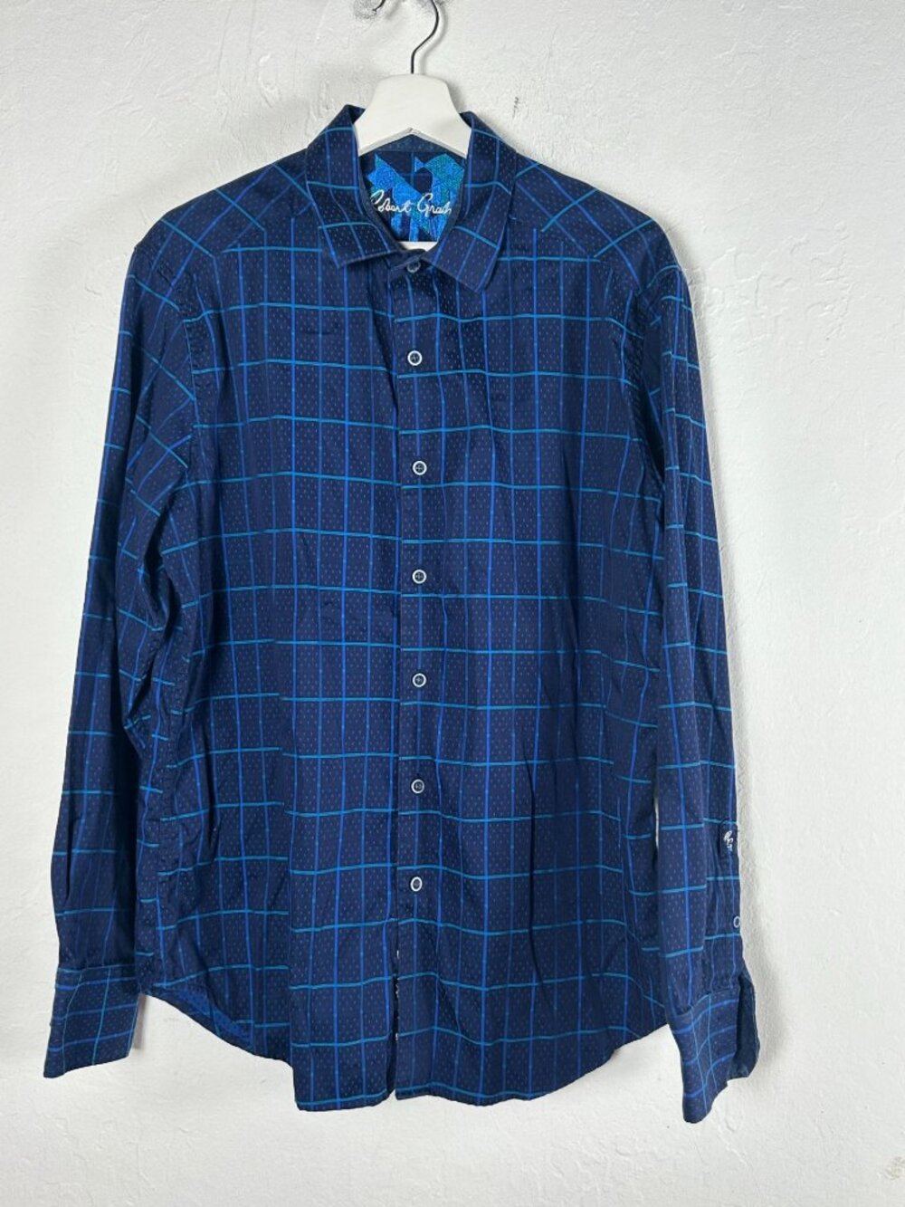 Robert Graham Mens Blue Button-Up Shirt Large Classic Grid Pattern Long Sleeve
